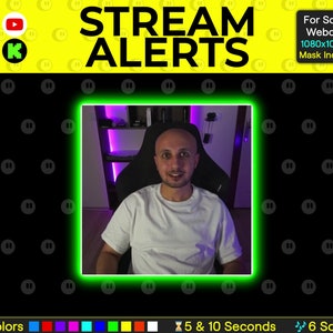 K&ouml;nnte beinhalten: Ein gr&uuml;ner Rahmen mit einem Mann, der auf einem Stuhl vor einem violetten und wei&szlig;en Licht sitzt. Der Text "STREAM ALERTS" ist in gelben Buchstaben auf schwarzem Hintergrund mit einem gelben Pause-Button-Muster. Der Text "For Square Webcams 1080x1080 px Mask Included" ist in wei&szlig;en Buchstaben auf schwarzem Hintergrund. Der Text "10 Colors" ist in wei&szlig;en Buchstaben auf schwarzem Hintergrund mit einer Reihe von farbigen Quadraten darunter. Der Text "5 & 10 Seconds" ist in wei&szlig;en Buchstaben auf schwarzem Hintergrund mit einem Sanduhr-Symbol. Der Text "6 Sounds" ist in wei&szlig;en Buchstaben auf schwarzem Hintergrund mit einem Musiknotensymbol.