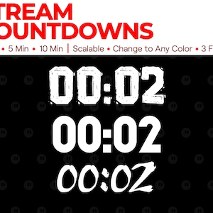 May include: A black background with white text that reads "STREAM COUNTDOWNS" and "3 Min 5 Min 10 Min Scalable Change to Any Color 3 Fonts". Below the text are three white digital clocks displaying "00:02" in different styles.