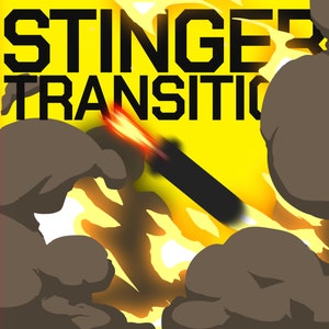 May include: A yellow sign with black text that reads "STINGER TRANSITION" with a black missile flying through the air with a trail of orange flames and smoke.