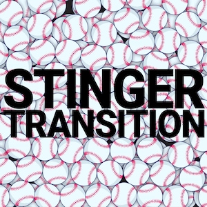 May include: A graphic design with the text "STINGER TRANSITION" in black letters on a background of white baseballs.
