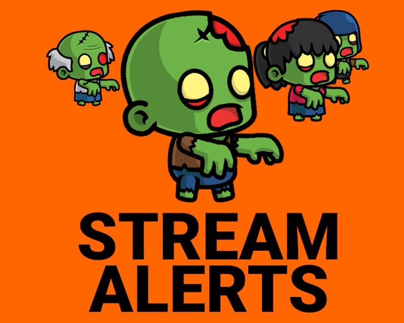 Puede incluir: Una ilustraci&oacute;n digital de cuatro zombies de dibujos animados con piel verde, ojos rojos y heridas cosidas. Los zombies caminan con los brazos extendidos. El texto "STREAM ALERTS" est&aacute; escrito en letras negras sobre un fondo naranja.