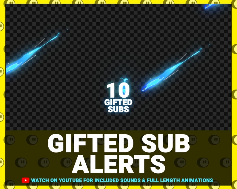 Pu&ograve; includere: Una grafica animata blu e bianca con il testo "10 GIFTED SUBS" e le parole "GIFTED SUB ALERTS" in testo bianco. Il testo "WATCH ON YOUTUBE FOR INCLUDED SOUNDS & FULL LENGTH ANIMATIONS" &egrave; nella parte inferiore della grafica.