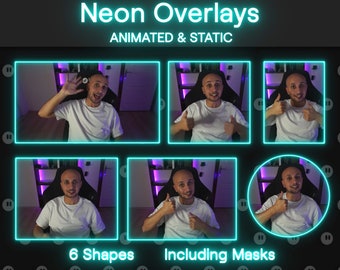 Puede incluir: Un collage de imágenes que muestran a una persona en una variedad de marcos de color neón. Los marcos son animados y estáticos. El texto "Neon Overlays" y "Animated & Static" se muestra en la parte superior de la imagen. El texto "6 Shapes" y "Including Masks" se muestra en la parte inferior de la imagen.
