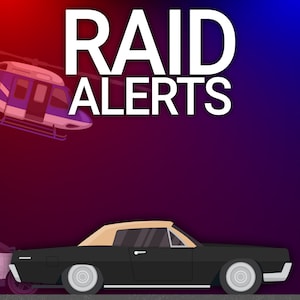 May include: A black car with a tan roof is being pursued by a police car with flashing red and blue lights. A helicopter is flying overhead with the words "RAID ALERTS" in white text.