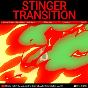 May include: A digital illustration of a red, yellow, and green abstract design with the text "STINGER TRANSITION" in black. The text below the image reads "4 Volume Options: High, Medium, Low & Silent", "4 Directions", "Lightweight", and "Full HD". The text below the image reads "Please watch the video in the description for the included sound!" and "solindigital".