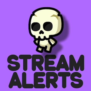 Può includere: Illustrazione in stile cartone animato di una piccola figura scheletrica con testa a forma di teschio e occhi neri. Le parole "STREAM ALERTS" sono stampate in grassetto, in nero, sotto la figura, su sfondo viola.