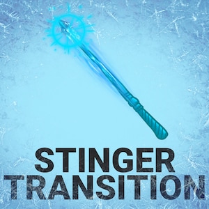 May include: A blue and teal fantasy staff with a glowing, star-shaped tip. The staff is set against a light blue, icy background with the words "STINGER TRANSITION" in black text.
