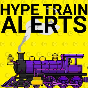 Könnte beinhalten: Ein lila und schwarzer Dampflokomotive mit Rauch aus dem Schornstein. Die Lokomotive befindet sich auf einem gelben Hintergrund mit einem Muster aus gelben Kreisen. Der Text "HYPE TRAIN ALERTS" befindet sich über der Lokomotive.