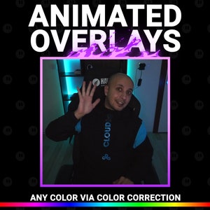 May include: A person sitting in a chair in front of a blue and white background. The person is wearing a black sweatshirt with the word "CLOUD9" on it. The text "ANIMATED OVERLAYS" is at the top of the image. The text "ANY COLOR VIA COLOR CORRECTION" is at the bottom of the image.