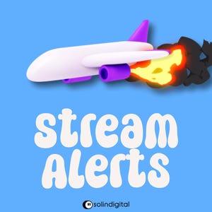 May include: A 3D white airplane with purple engines and a purple tail fin flying against a blue background, emitting yellow and orange flames and black smoke. Below the plane, the white text reads stream Alerts, with solindigital at the bottom.