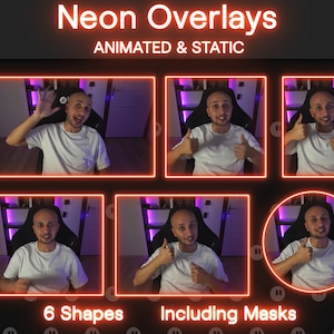 Könnte beinhalten: Eine Collage aus sechs Bildern, die eine Person in einem weißen Hemd mit verschiedenen Neon-Overlays zeigen. Die Overlays haben verschiedene Formen, darunter Kreise, Quadrate und Rechtecke. Der Text "Neon Overlays" und "Animated & Static" befindet sich oben im Bild. Der Text "6 Shapes" und "Including Masks" befindet sich unten im Bild.