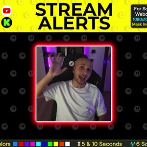 K&ouml;nnte beinhalten: Ein Mann winkt in die Kamera, umgeben von einem roten Neonrahmen. Der Text "STREAM ALERTS" ist in gelben Buchstaben auf schwarzem Hintergrund. Der Text "For Square Webcams 1080x1080 px Mask Included" ist in wei&szlig;en Buchstaben auf schwarzem Hintergrund. Der Text "10 Colors" ist in wei&szlig;en Buchstaben auf gelbem Hintergrund. Unter dem Text befindet sich eine Reihe von 10 farbigen Quadraten. Der Text "5 & 10 Seconds" ist in wei&szlig;en Buchstaben auf gelbem Hintergrund. Neben dem Text befindet sich ein Sanduhr-Symbol. Der Text "6 Sounds" ist in wei&szlig;en Buchstaben auf gelbem Hintergrund. Neben dem Text befindet sich ein Musiksymbol.