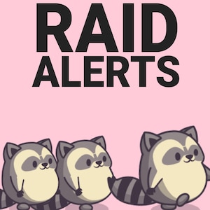 Pode incluir: Três guaxinins de desenho animado com pelo preto e cinza, barrigas brancas e olhos pretos estão andando em fila. Os guaxinins estão em um fundo rosa com o texto "RAID ALERTS" em letras pretas no topo.