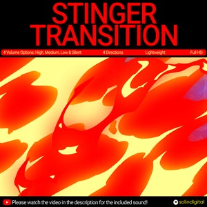 May include: A red and yellow abstract design with the text "STINGER TRANSITION" in black. The text below reads "4 Volume Options: High, Medium, Low & Silent", "4 Directions", "Lightweight", and "Full HD".