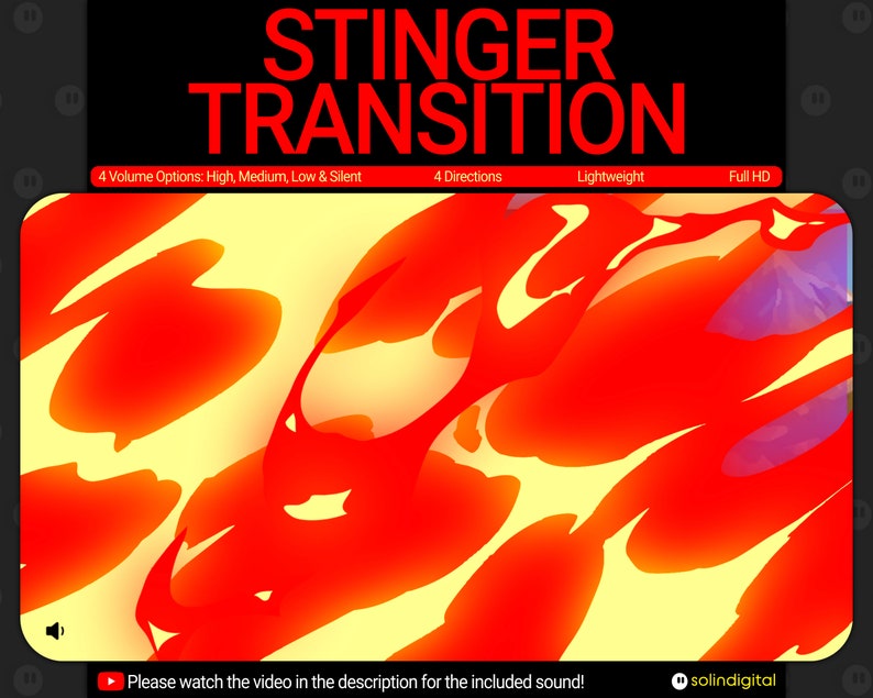 May include: A red and yellow abstract design with the text "STINGER TRANSITION" in black. The text below reads "4 Volume Options: High, Medium, Low & Silent", "4 Directions", "Lightweight", and "Full HD".
