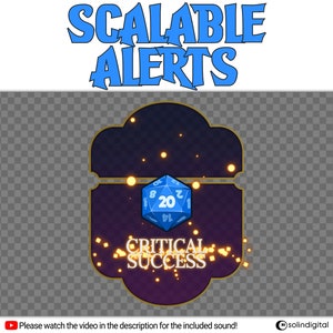 May include: A blue 20-sided die with a gold border, showing a 20, surrounded by glowing yellow particles. The die is inside a gold and purple frame with the text "CRITICAL SUCCESS" in white letters.