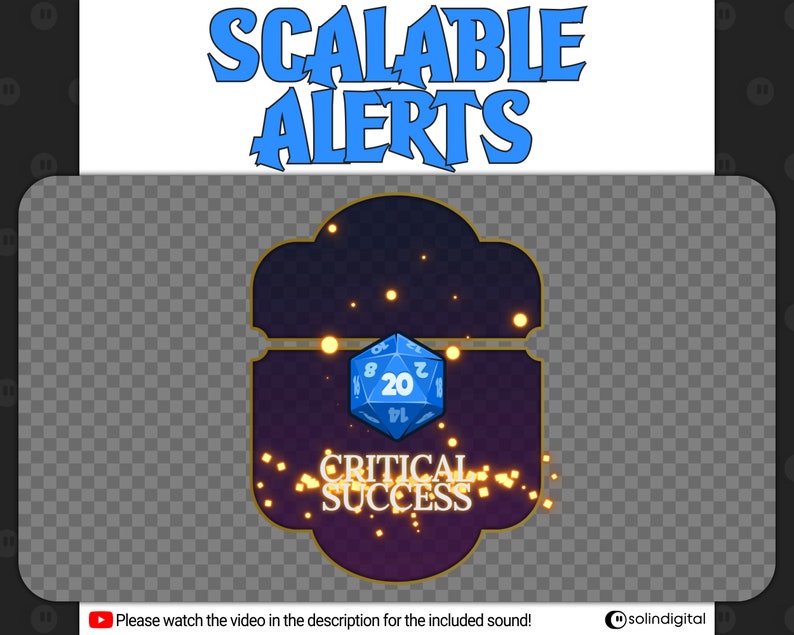 May include: A blue 20-sided die with a gold border, showing a 20, surrounded by glowing yellow particles. The die is inside a gold and purple frame with the text "CRITICAL SUCCESS" in white letters.