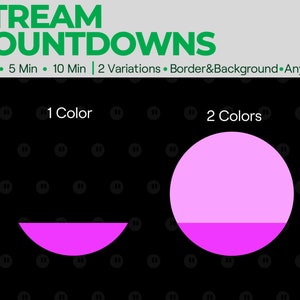 Puede incluir: Dos variaciones de un temporizador de cuenta atr&aacute;s circular rosa con el texto "STREAM COUNTDOWNS" arriba y "1 Color" y "2 Colores" debajo de cada c&iacute;rculo.