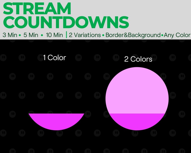 Puede incluir: Dos variaciones de un temporizador de cuenta atr&aacute;s circular rosa con el texto "STREAM COUNTDOWNS" arriba y "1 Color" y "2 Colores" debajo de cada c&iacute;rculo.