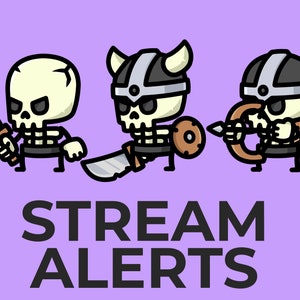 Pode incluir: Três personagens de esqueleto de desenho animado em diferentes poses. O primeiro está segurando uma espada, o segundo um escudo e o terceiro um arco e flecha. O texto "STREAM ALERTS" está abaixo dos personagens.