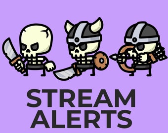 Tiny Skeleton Animated Alerts for Twitch Streams, Cute Kawaii Chibi Overlay, Follower Subscriber Cheer Gift Raid Donation, YouTube Facebook