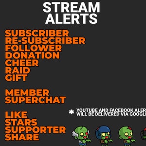 Puede incluir: Un gr&aacute;fico con el texto "STREAM ALERTS" en blanco sobre un fondo negro. El texto enumera diferentes tipos de alertas para plataformas de redes sociales como Twitch, YouTube y Facebook. Las plataformas est&aacute;n representadas por sus logotipos. El texto est&aacute; en naranja. Debajo del texto hay cuatro personajes de zombies de dibujos animados.