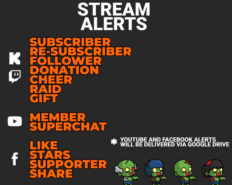 Puede incluir: Un gr&aacute;fico con el texto "STREAM ALERTS" en blanco sobre un fondo negro. El texto enumera diferentes tipos de alertas para plataformas de redes sociales como Twitch, YouTube y Facebook. Las plataformas est&aacute;n representadas por sus logotipos. El texto est&aacute; en naranja. Debajo del texto hay cuatro personajes de zombies de dibujos animados.