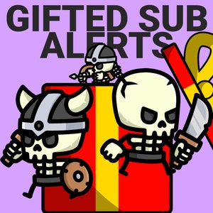 Può includere: Due scheletri di cartoni animati vestiti da vichinghi che tengono armi e stanno davanti a una scatola regalo rossa e gialla. Il testo "GIFTED SUB ALERTS" è in alto nell'immagine.