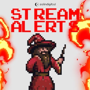 Könnte beinhalten: Verpixeltes Bild mit dem Text "STREAM ALERT" in Rot. Ein Pixel-Art-Zauberer in roter Robe und Hut hält einen Zauberstab. Flammen in Gelb- und Rottönen befinden sich auf beiden Seiten des Zauberers.