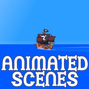 Peut inclure: Un bateau pirate de dessin animé avec une voile noire et rouge et un drapeau de crâne et d'os croisés navigue sur une mer bleue. Le texte "ANIMATED SCENES" est écrit en lettres blanches sur un fond bleu.