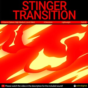 May include: A red and yellow abstract graphic with the text "STINGER TRANSITION" in red letters. The text below the graphic reads "4 Volume Options: High, Medium, Low & Silent", "4 Directions", "Lightweight", and "Full HD".