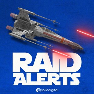 May include: A digitally rendered image of a Star Wars X-wing fighter with red laser beams against a blue background. The words "RAID ALERTS" are in large white block letters.