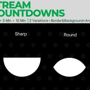 Puede incluir: Dos formas de temporizador de cuenta atr&aacute;s blancas sobre un fondo negro con un patr&oacute;n verde. Las formas est&aacute;n etiquetadas como "Sharp" y "Round".