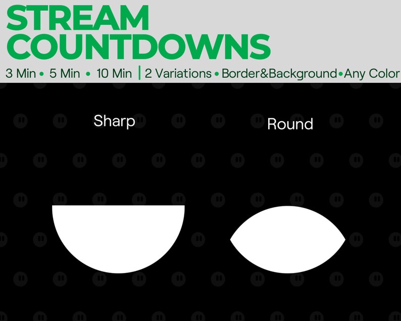 Puede incluir: Dos formas de temporizador de cuenta atr&aacute;s blancas sobre un fondo negro con un patr&oacute;n verde. Las formas est&aacute;n etiquetadas como "Sharp" y "Round".