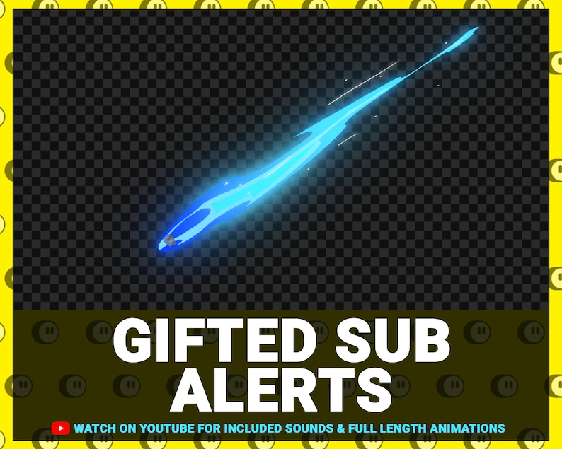 Pu&ograve; includere: Una scia di luce animata blu con un bagliore bianco, su uno sfondo trasparente. Il testo "GIFTED SUB ALERTS" &egrave; sotto l'animazione. Il testo "WATCH ON YOUTUBE FOR INCLUDED SOUNDS & FULL LENGTH ANIMATIONS" &egrave; sotto il testo "GIFTED SUB ALERTS".