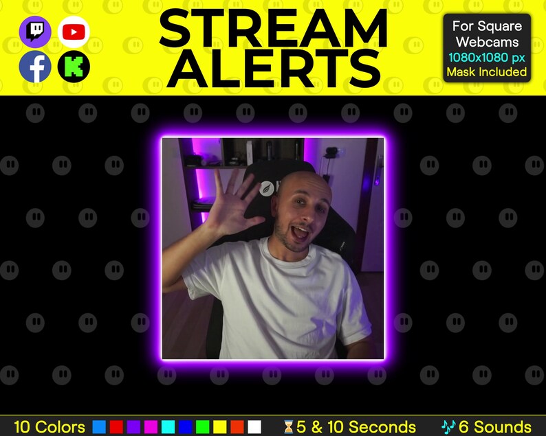 K&ouml;nnte beinhalten: Ein violetter Neonrahmen um das Gesicht eines Streamers in einem Videoanruf. Der Streamer winkt und l&auml;chelt. Der Text "STREAM ALERTS" ist in gelben Buchstaben auf gelbem Hintergrund. Der Text "For Square Webcams 1080x1080 px Mask Included" ist in schwarzen Buchstaben auf gelbem Hintergrund. Der Text "10 Farben" ist in schwarzen Buchstaben auf gelbem Hintergrund. Eine Reihe von farbigen Quadraten befindet sich unter dem Text. Der Text "5 & 10 Sekunden" ist in schwarzen Buchstaben auf gelbem Hintergrund. Ein Sanduhr-Symbol befindet sich neben dem Text. Der Text "6 Sounds" ist in schwarzen Buchstaben auf gelbem Hintergrund. Ein Musiknotensymbol befindet sich neben dem Text.