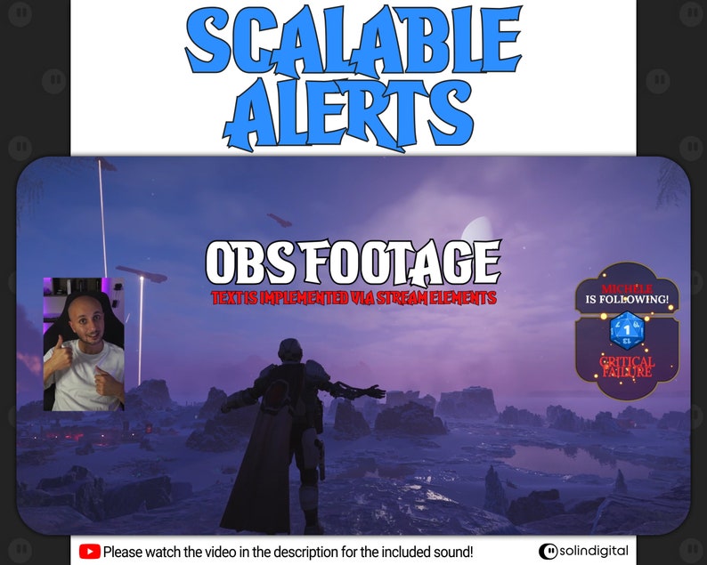 May include: A screenshot of a video game with a character standing in a snowy landscape. The text "OBS FOOTAGE" is displayed in the upper center of the image. The text "TEXT IS IMPLEMENTED VIA STREAM ELEMENTS" is displayed below the "OBS FOOTAGE" text. The text "MY ROLE IS FOLLOWING!" is displayed in a blue box in the upper right corner of the image. A blue and white dice with the number "1" is displayed in the lower right corner of the image. The text "CRITICAL FAILURE" is displayed below the dice.
