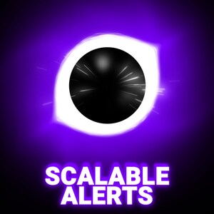 Puede incluir: Un gráfico blanco en forma de ojo con un centro negro sobre un fondo morado. El texto "SCALABLE ALERTS" está debajo del gráfico.