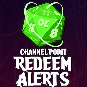 Pode incluir: Um dado verde brilhante de vinte lados com números brancos e um design em forma de coração. O texto "CHANNEL POINT REDEEM ALERTS" é exibido em letras brancas estilizadas sobre um fundo roxo escuro com um padrão semelhante a uma teia de aranha.
