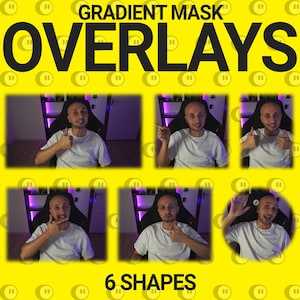 Peut inclure: Un collage de six images montrant une personne dans différentes poses. Les images sont disposées en grille de deux rangées et trois colonnes. L'arrière-plan est jaune avec un motif de petits cercles. Le texte "GRADIENT MASK OVERLAYS" est en haut de l'image et le texte "6 SHAPES" est en bas de l'image.