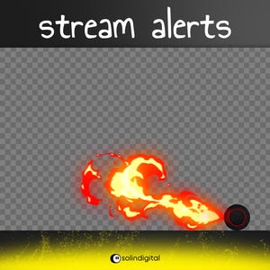 May include: Digital graphic with the text "stream alerts" in white. The image features a stylized flame effect in shades of red and yellow, with a black and red button. The background is a transparent grid.