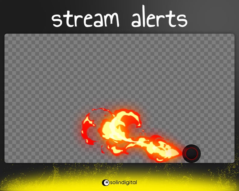 May include: Digital graphic with the text "stream alerts" in white. The image features a stylized flame effect in shades of red and yellow, with a black and red button. The background is a transparent grid.