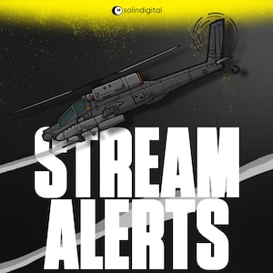May include: Illustration of a gray helicopter with a spinning rotor, set against a black background with yellow accents. The words "STREAM ALERTS" are prominently displayed in white, bold lettering.