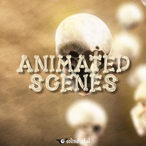 Op de afbeelding: Een afbeelding met de tekst "ANIMATED SCENES" in een botachtig lettertype, met een schedel op de voorgrond en verschillende vage schedels op de achtergrond. De achtergrond heeft een sepia-tint met een zacht, nevelig effect. Het logo "solindigital" staat onderaan.