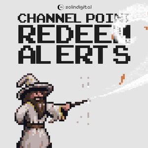 May include: Pixelated illustration featuring a wizard casting a spell. The image includes the text "CHANNEL POINT REDEEM ALERTS" in bold, pixelated font. The wizard is dressed in a white robe and hat, with a long beard, against a light gray background.