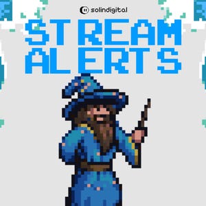May include: Pixelated image with the text "STREAM ALERTS" in blue. A pixel art wizard in blue robes and hat holds a wand. The background is light gray with blue pixelated accents.
