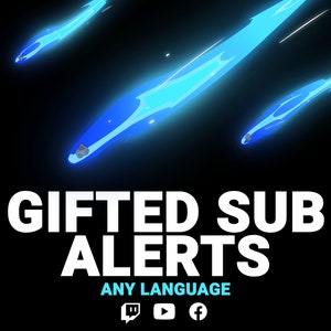 Pu&ograve; includere: Uno sfondo nero con tre strisce di luce blu che attraversano lo schermo. Il testo "GIFTED SUB ALERTS" &egrave; in bianco, con il testo "ANY LANGUAGE" in azzurro sotto. Le icone dei social media per Twitch, YouTube e Facebook sono sotto il testo.