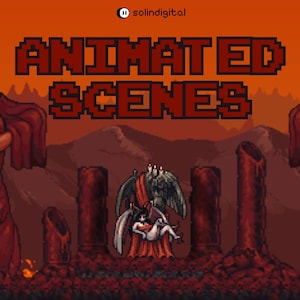 Puede incluir: Ilustración de arte pixelado con el texto "ANIMATED SCENES" en letras rojas. La escena representa una figura diabólica alada con una capa roja, rodeada de pilares y un paisaje de fuego.