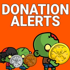 Op de afbeelding: Drie cartoon-zombies die gouden, zilveren en bronzen munten vasthouden met een schedel en gekruiste botten. De tekst "DONATION ALERTS" staat bovenaan de afbeelding.