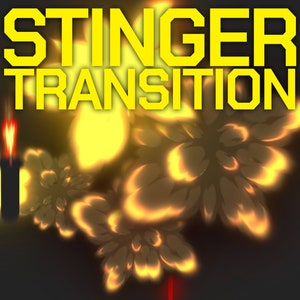 Könnte beinhalten: Ein gelber Textüberlagerung lautet "STINGER TRANSITION" über einem dunklen Hintergrund mit einem gelben und orangefarbenen animierten Explosionseffekt.